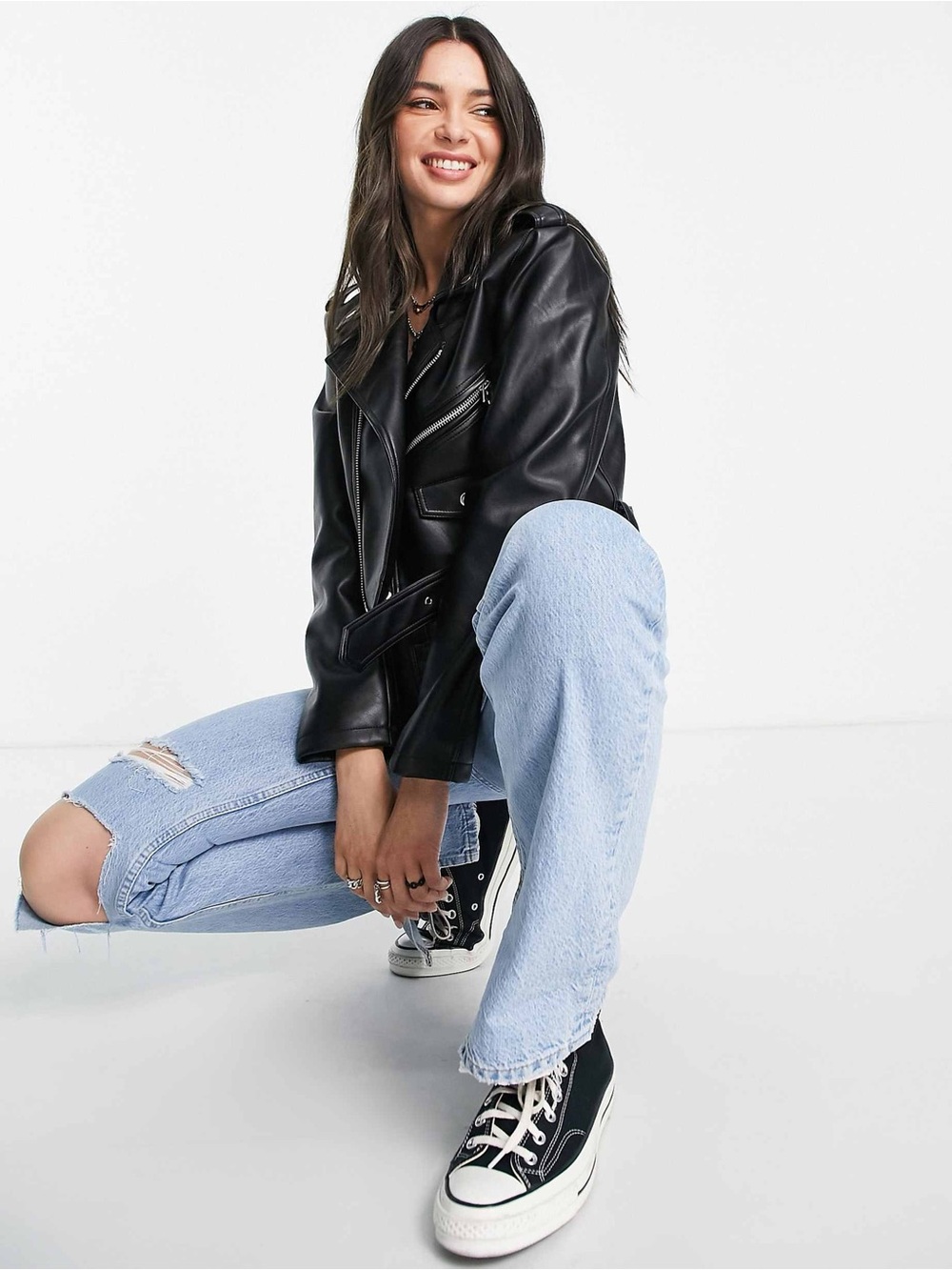 Topshop Black Faux Leather Cropped Biker Jacket - Picture 4 of 8